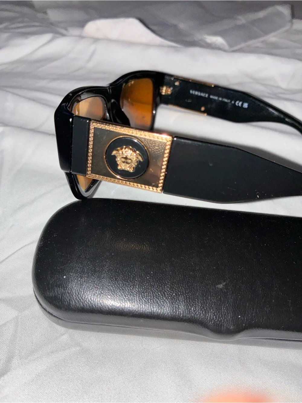 Versace Black Sunglasses with Gold Medusa Plaque and Brown Lenses